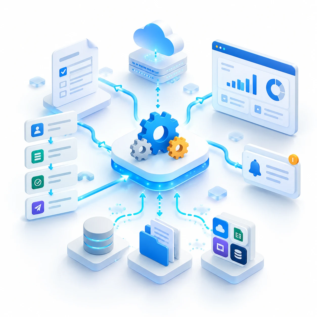 Business automation connecting workflows, approvals, notifications and data across multiple systems.