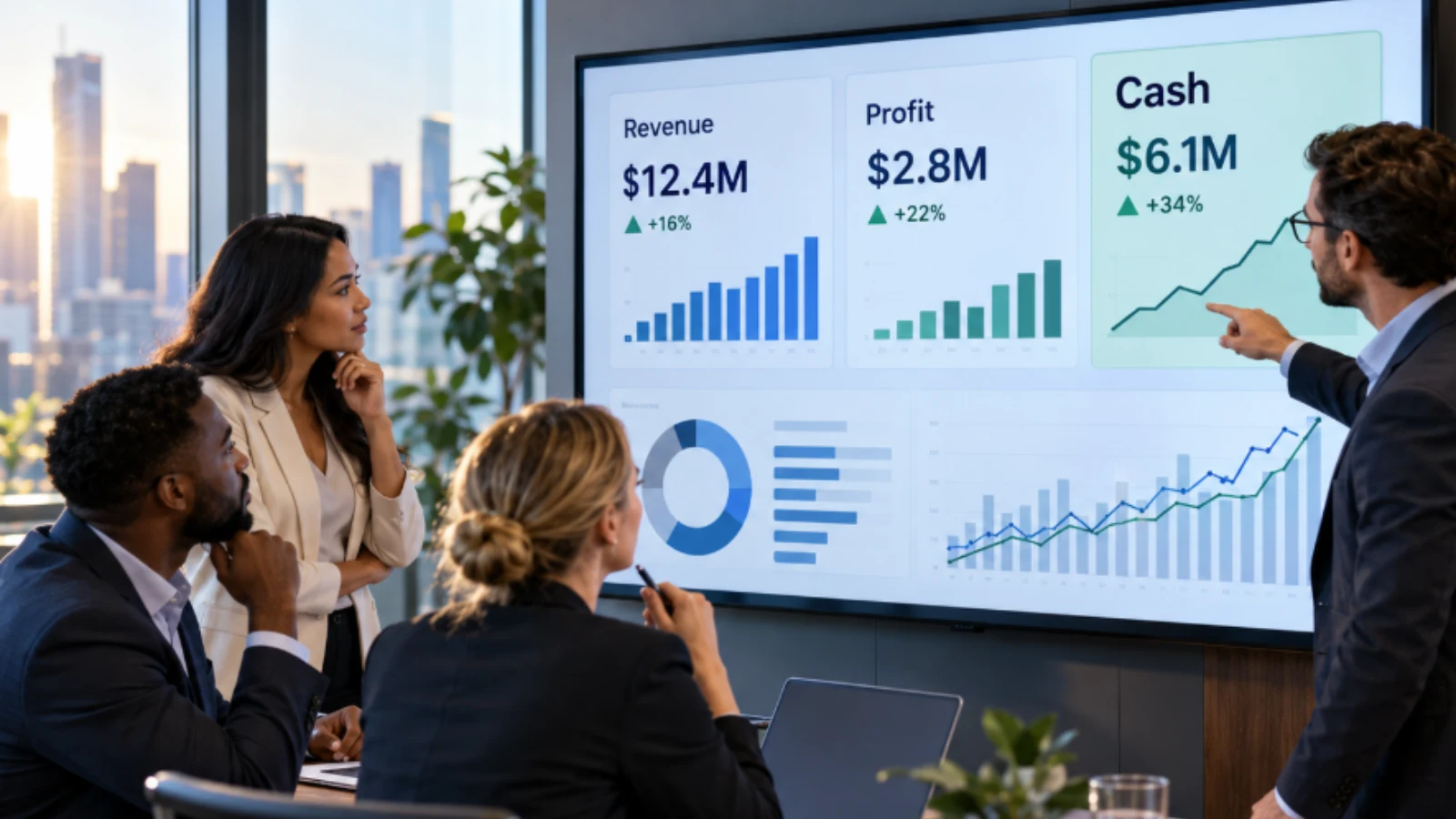 Business professionals reviewing a financial dashboard showing revenue, profit and cash performance during a strategy meeting.