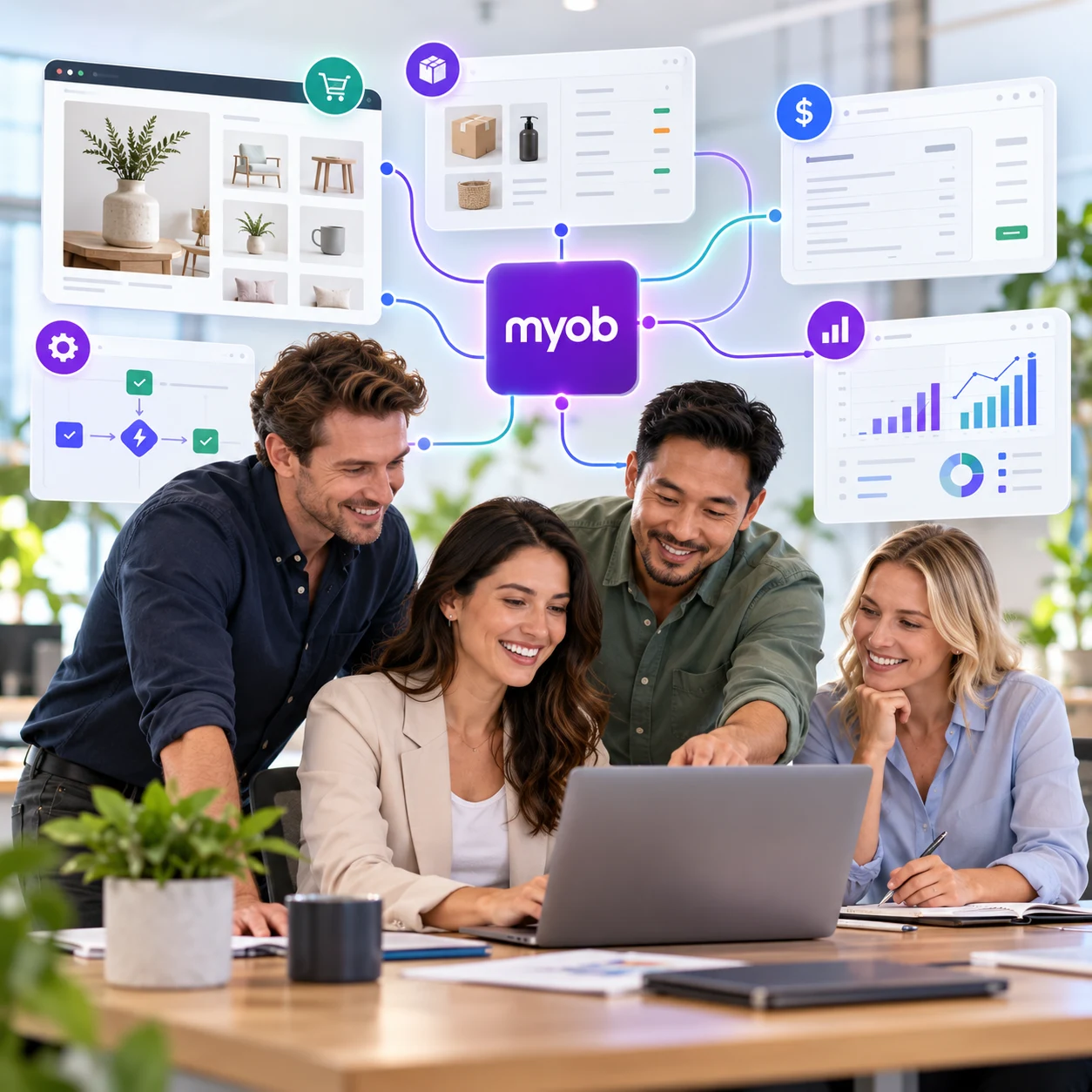 MYOB integration connecting finance, inventory, websites and business systems through automation.