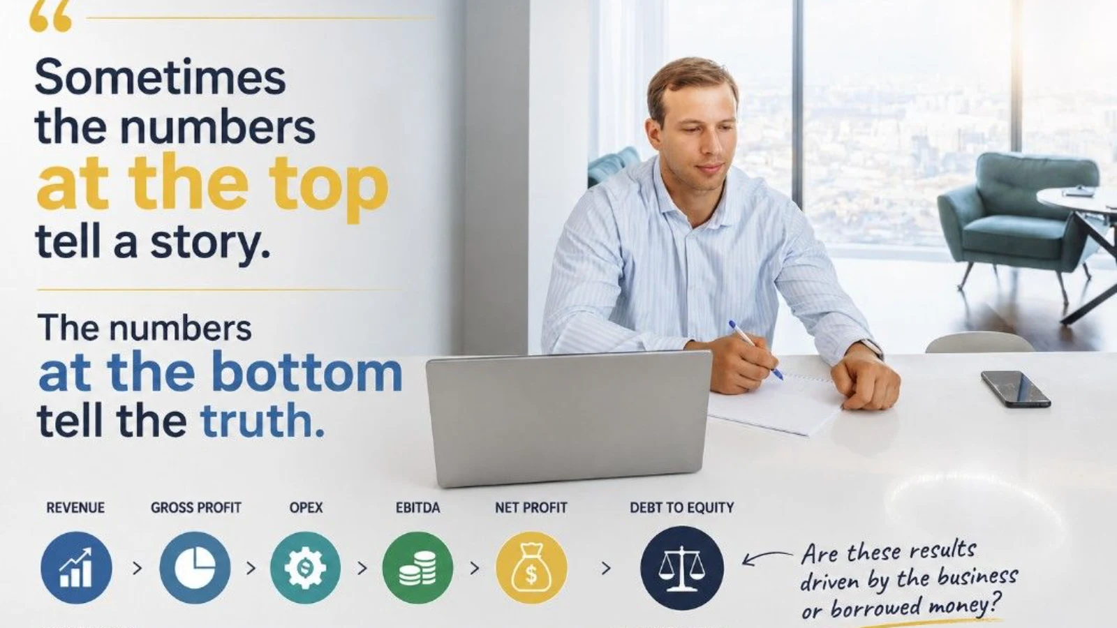 An executive infographic explaining the difference between P&L and Balance Sheet analysis.Top Section (P&L Breakdown): Lists sequential metrics from top to bottom: Revenue (Sales volume), Gross Profit (Unit economics), OpEx (Operational efficiency), EBITDA (Core earnings), and Net Profit (Final bott