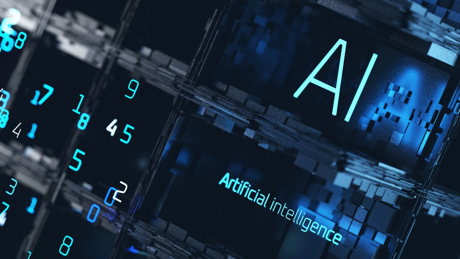 A digital graphic featuring blue neon numbers and server blocks displaying the letters "AI" and the phrase "Artificial Intelligence" against a dark futuristic background.