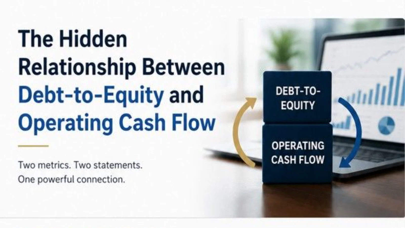 Infographic titled "The Hidden Relationship Between Debt-to-Equity and Operating Cash Flow." It illustrates a 5-step process: 1. Weak Operating Cash Flow leads to 2. Cash Shortage, triggering 3. Need for Funding, resulting in 4. More Debt, and ultimately 5. Higher Debt-to-Equity.